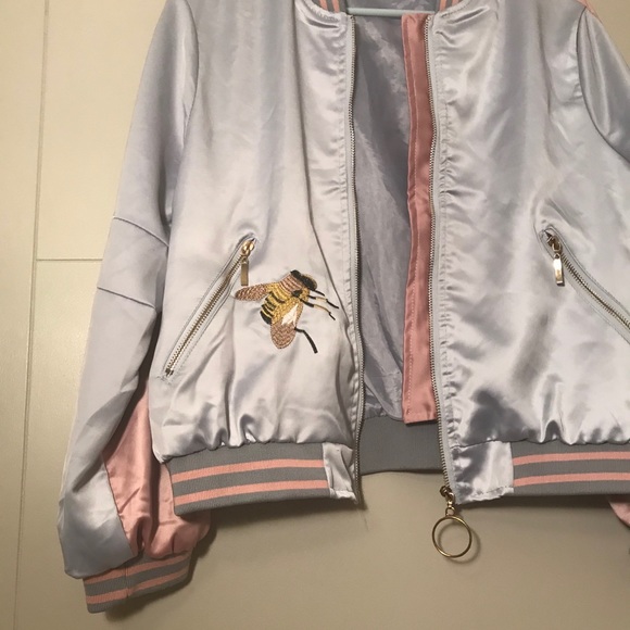 Unique Embroidered Bumblebee Satin Bomber Jacket - Picture 6 of 16
